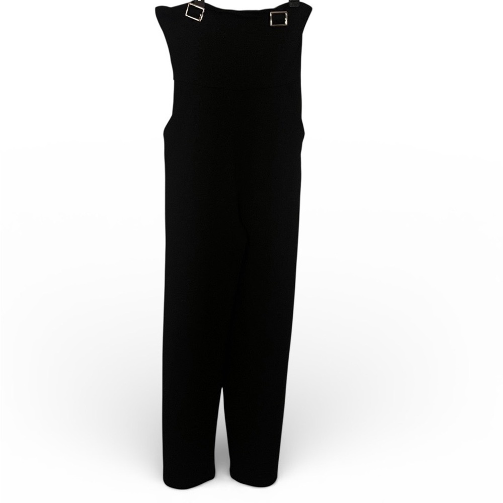 ZARA WOMAN BLACK COLLECTION STRAPLESS JUMPSUIT Silver Buckles Sz M Wide Leg - Picture 2 of 8